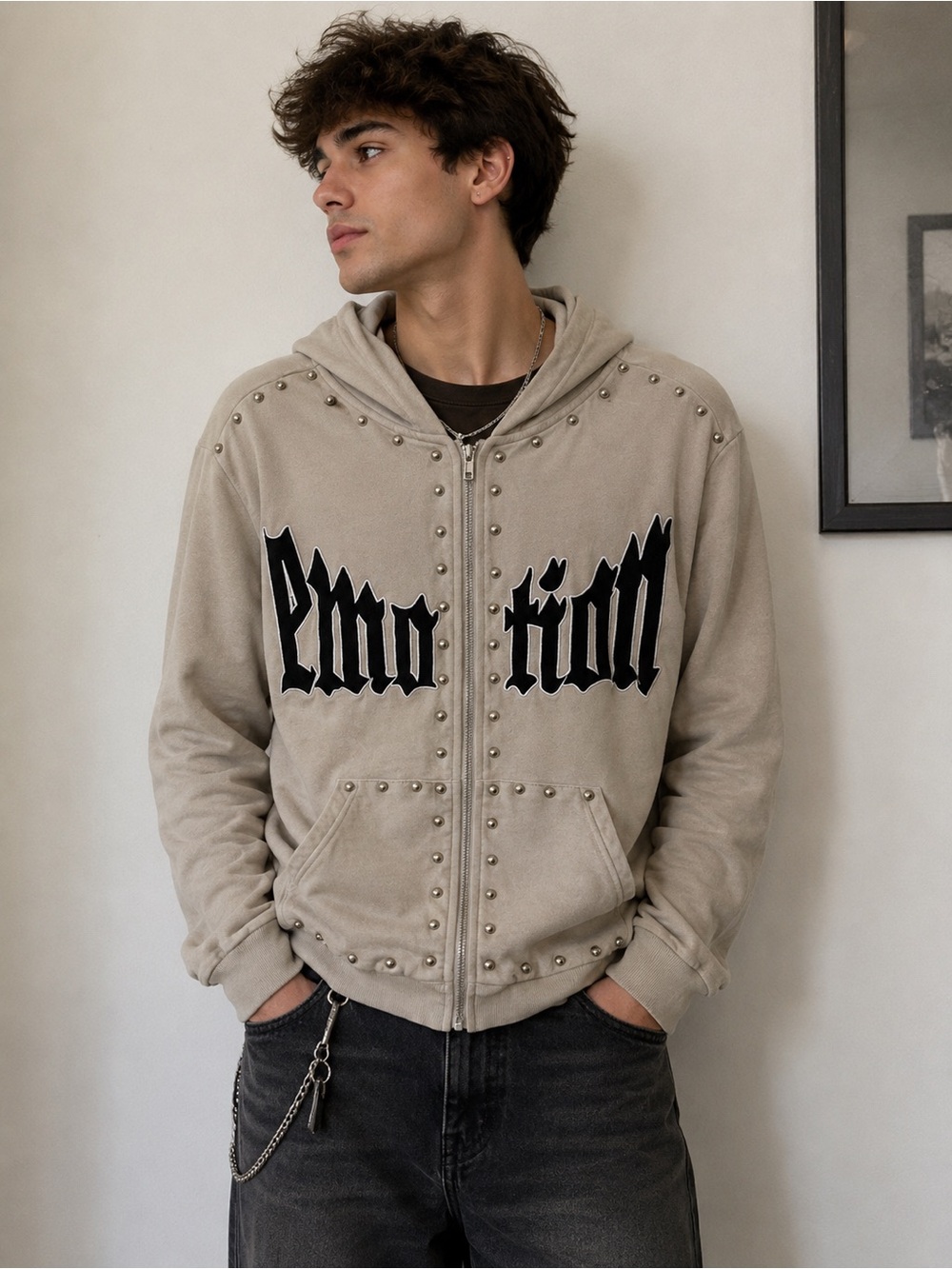 Mixed Emotion Studded Taupe Zip-Up Hoodie Sweater - Picture 2 of 7